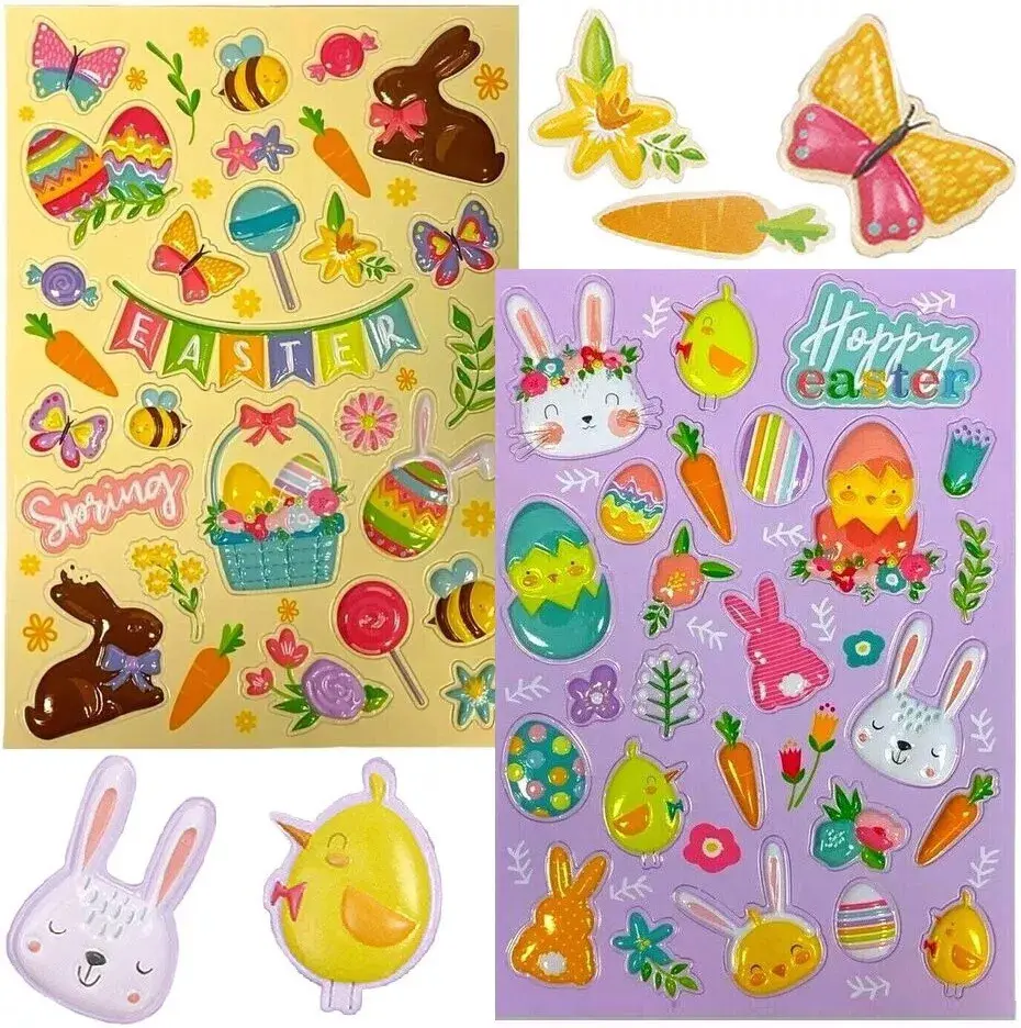 Spring Bunny & Egg Bubble Stickers | Festive Easter Basket & Scrapbooking Decorations