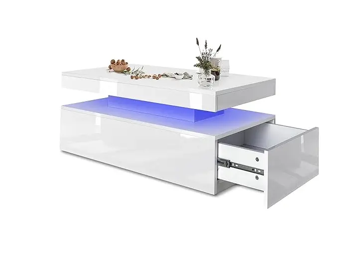 White High Gloss Coffee Table with LED RGB Lights, 2 Drawer Storage - Rectangle Sofa Side Table for Living Room/Home Office Furniture coffeetable ex display coffeetable smart  coffee coffee  tables 5