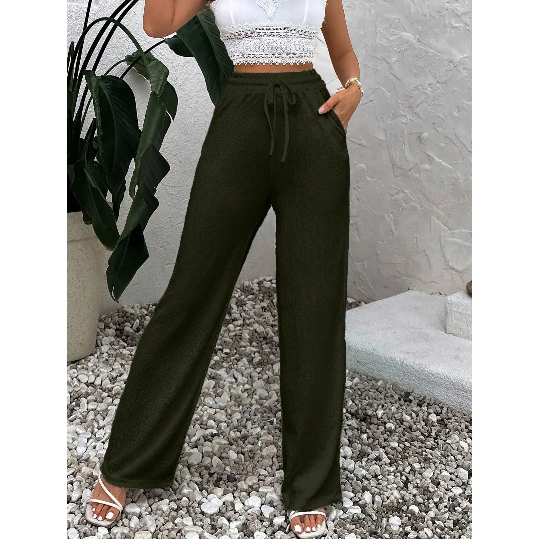 Women's BottomsWomen's Summer Solid Color Beige High Waist Drawstring Waist Linen Wide Leg Pants[S12] Fit Womenswear Polyester Bottom Fabric Comfort Trouser Wideleg Pocket Spring slacks