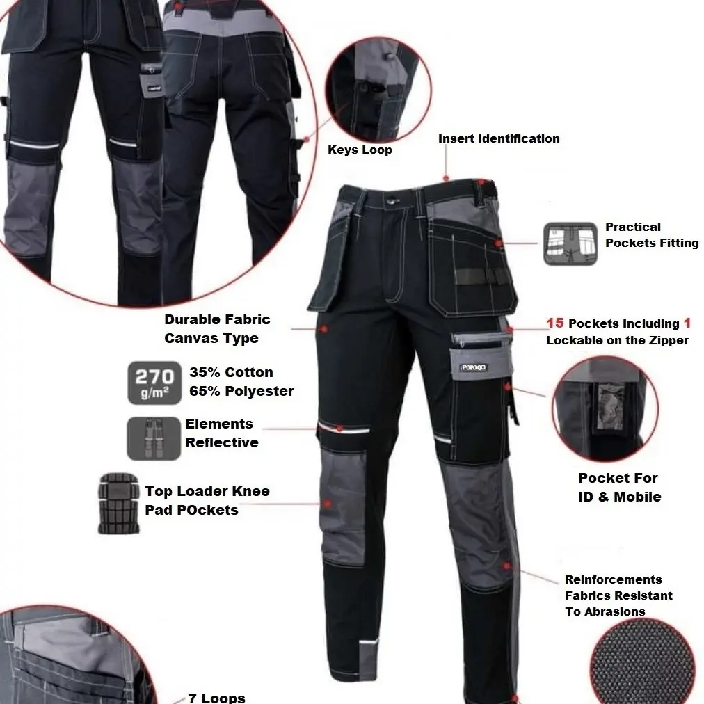 Mens Slim Fit Cargo Combat Work Trousers Holster Pockets & Knee Pads Pockets Heavy Duty Multi Pockets Pro Builder Black Work Pants UK Menswear
