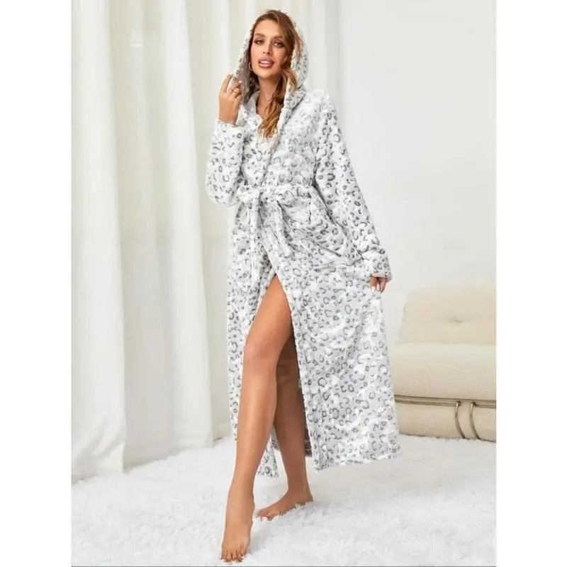 Women's Leopard Print Belted Hooded Flannel Lounge Robe, Casual Long Sleeve Pocket Design Bathrobe, Ladies Sleepwear for Fall & Winter 8