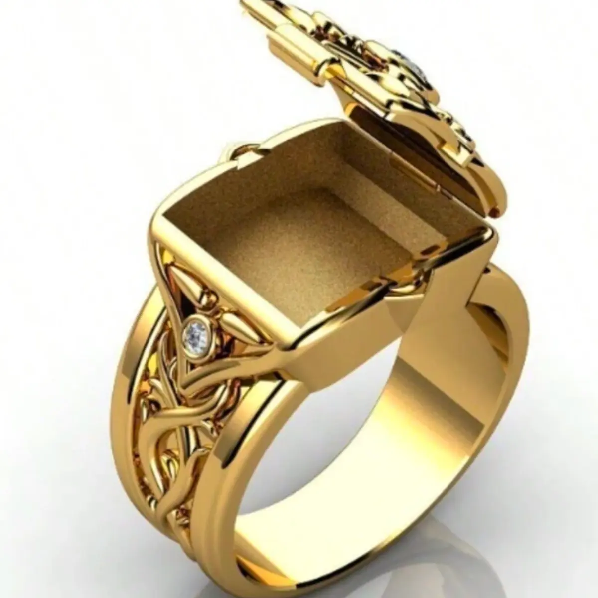 Men's ring with classic secret compartment design, studded with stones