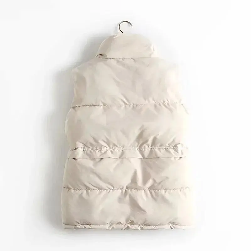 Autumn Winter Women Solid Loose Vest Drawstring Stand Collar Long Vest Jacket  Cotton Padded Women Windproof Warm Waistcoat 1