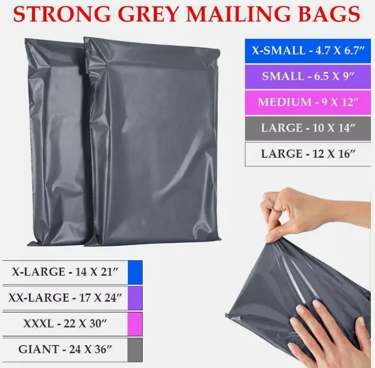 Grey Poly Self Seal Mailing Bags - Mixed Sizes for Postage - Large and Strong