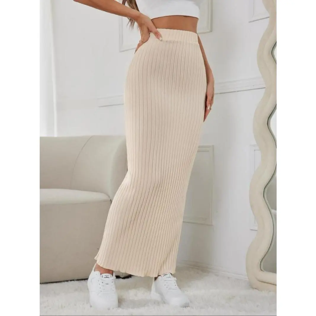 Women's Solid Color High Waist Ribbed Bodycon Skirt, Casual Fashion Long Skirt for Daily Outdoor Wear, Ladies Bottoms for All Seasons