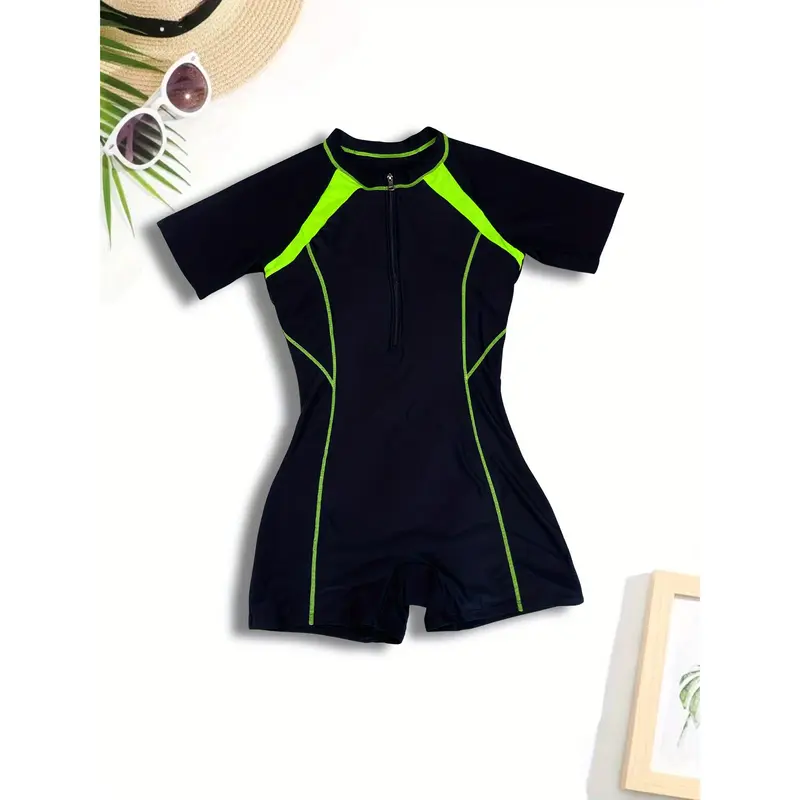 [One Short Sleeve Block Swimsuit] Color Block Zipper Short Sleeve One-piece Swimsuit, Short Sleeve Fast Dry Fabric Sun Protective Surfing Water Sports Rush Guard, Women's Swimwear & Clothing 1