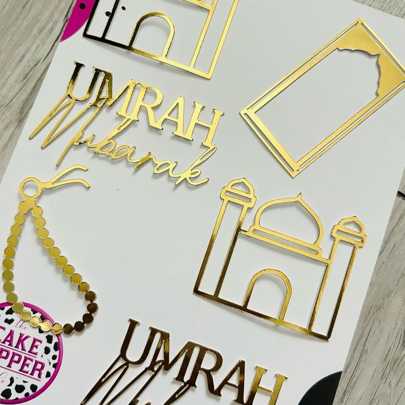 Umrah Mubarak Mixed Cupcake Topper Set with Mosque, Prayer Mat, Prayer Beads, and Tasbih - Ornaments, Decor Metallic Gift 4
