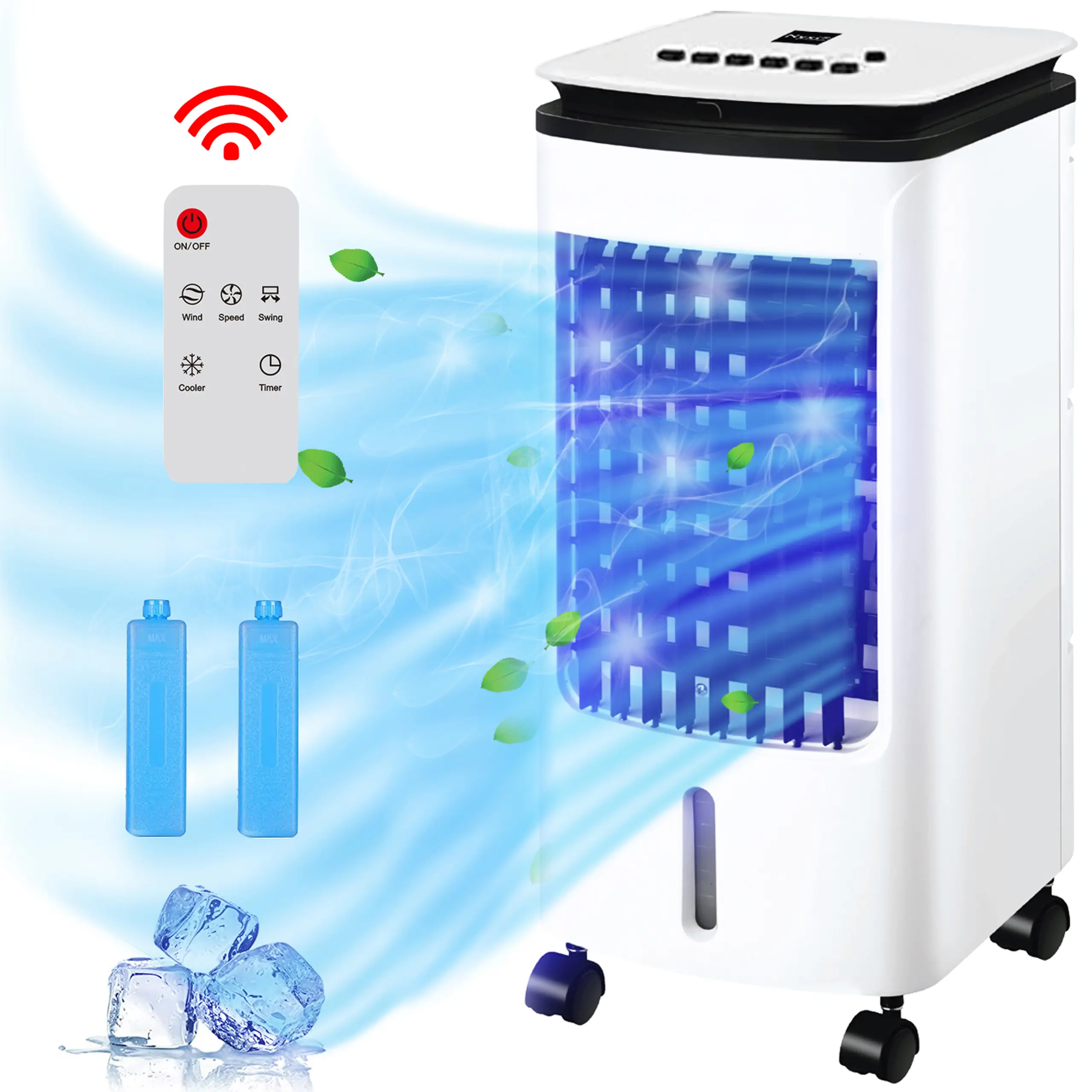 Nyxi Air Cooler Fan Portable, 4L Water Tank with 2 Ice Boxes, And Remote Control, High Cooling Efficiency, Anti Dust Filter, 3 Speed Setting with 180° Oscillation, Cooler Purifier on Wheels, White