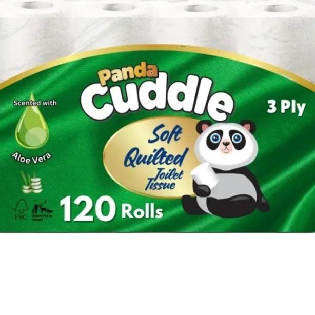 120 Panda Cuddle 3 Ply Toilet Rolls, Aloe Vera & Lemon Scented Wall-Mounted Tissue, White - Executive Design - Lightweight, Towel Wipes Napkin 3