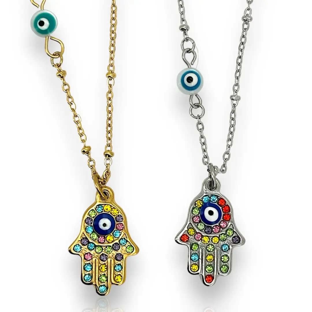 Hamsa hand tarnish free Necklace in silver or gold with colour crystals P41 protection