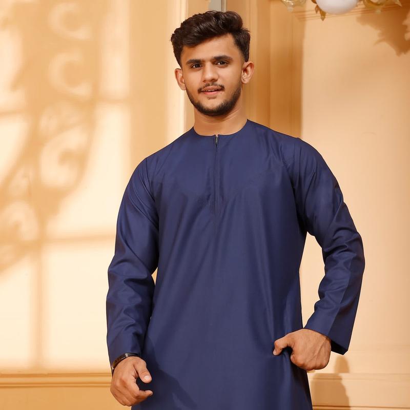 Matte Blue Collarless Omani Thobe with Zip for Men crew neck plain 4