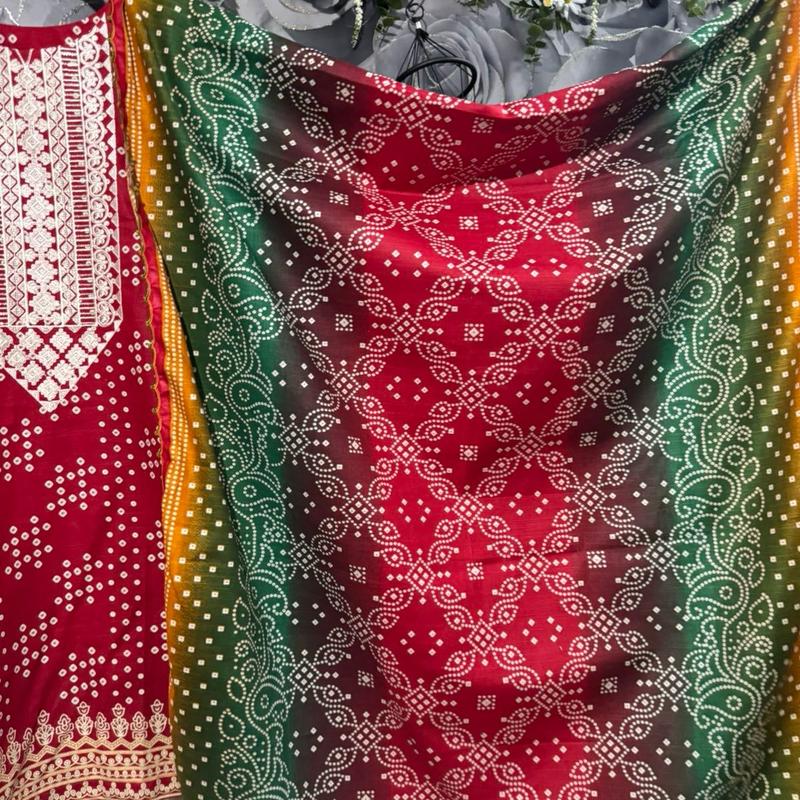 Chunri printed  khadar fabric embroidered neck with sequin work suit 3
