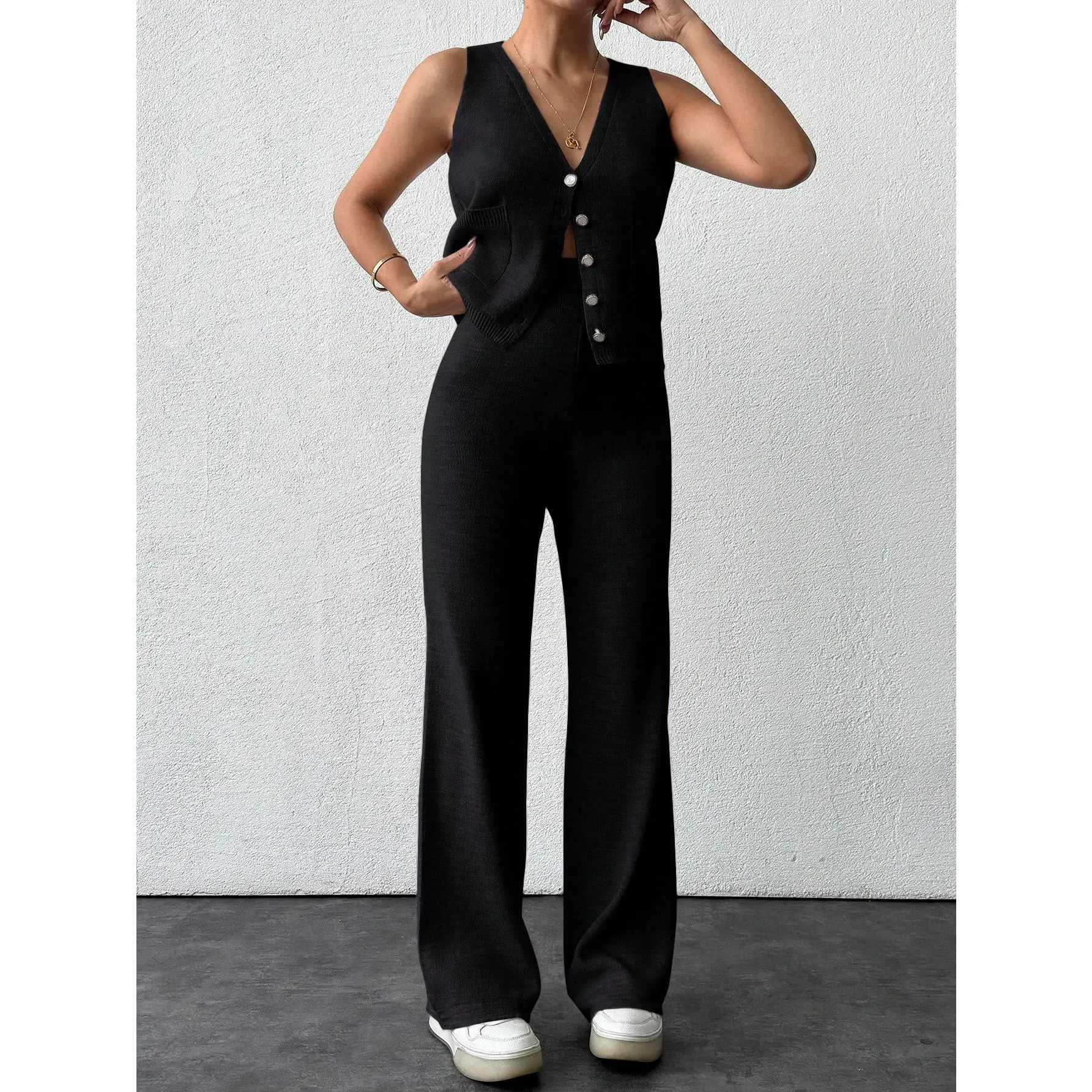 Women's Solid Color Single-Breasted Knit Vest And Loose Knit Pants Casual Two-Piece Set[S20]