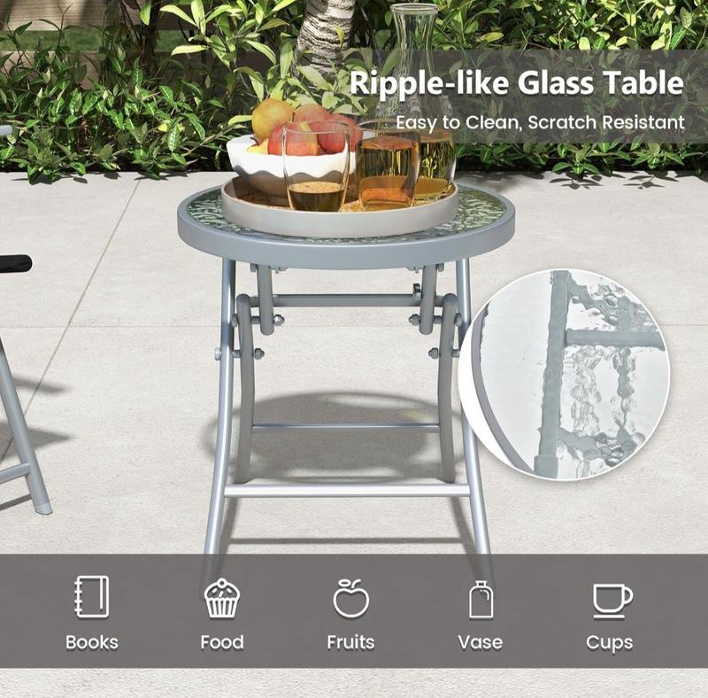 Product Introduction of 3PCS Patio Bistro Set, Garden Folding Chairs and Table Set with Ripple-like Glass Tabletop, Metal Frame Outdoor Dining Furniture Conversation Set for Balcony, Deck, Yard, Poolside 8