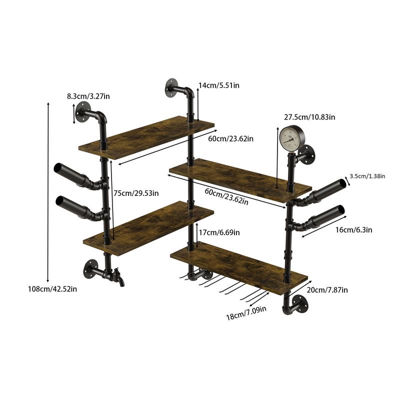 Pipe Bar Liquor Shelf, Floating Shelves with Wine Glass Holder, Wall Black Shelving Unit for Living Room and Kitchen 3