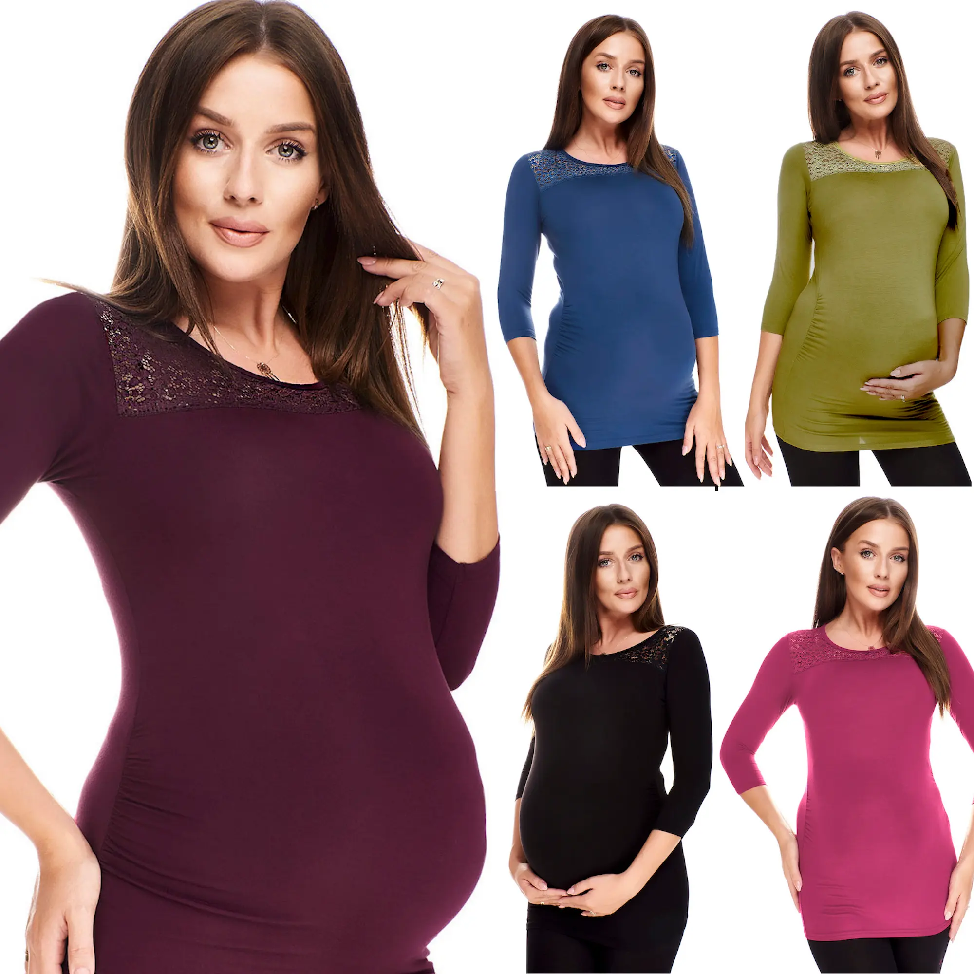 Maternity 3/4 Sleeves Pregnancy Top Shirt for Pregnant Ladies Blouse with Lace Trim 5300