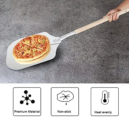 13" Pizza Oven Peel Paddle with Extra Long Wooden Handle for Wood Fired Ovens Kitchen Metal Utensils Pasta Aluminium 4