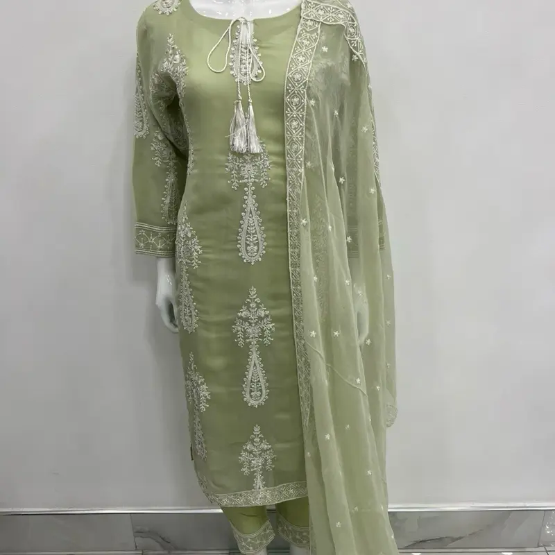 Iqrah chiffon suit with white Mint green