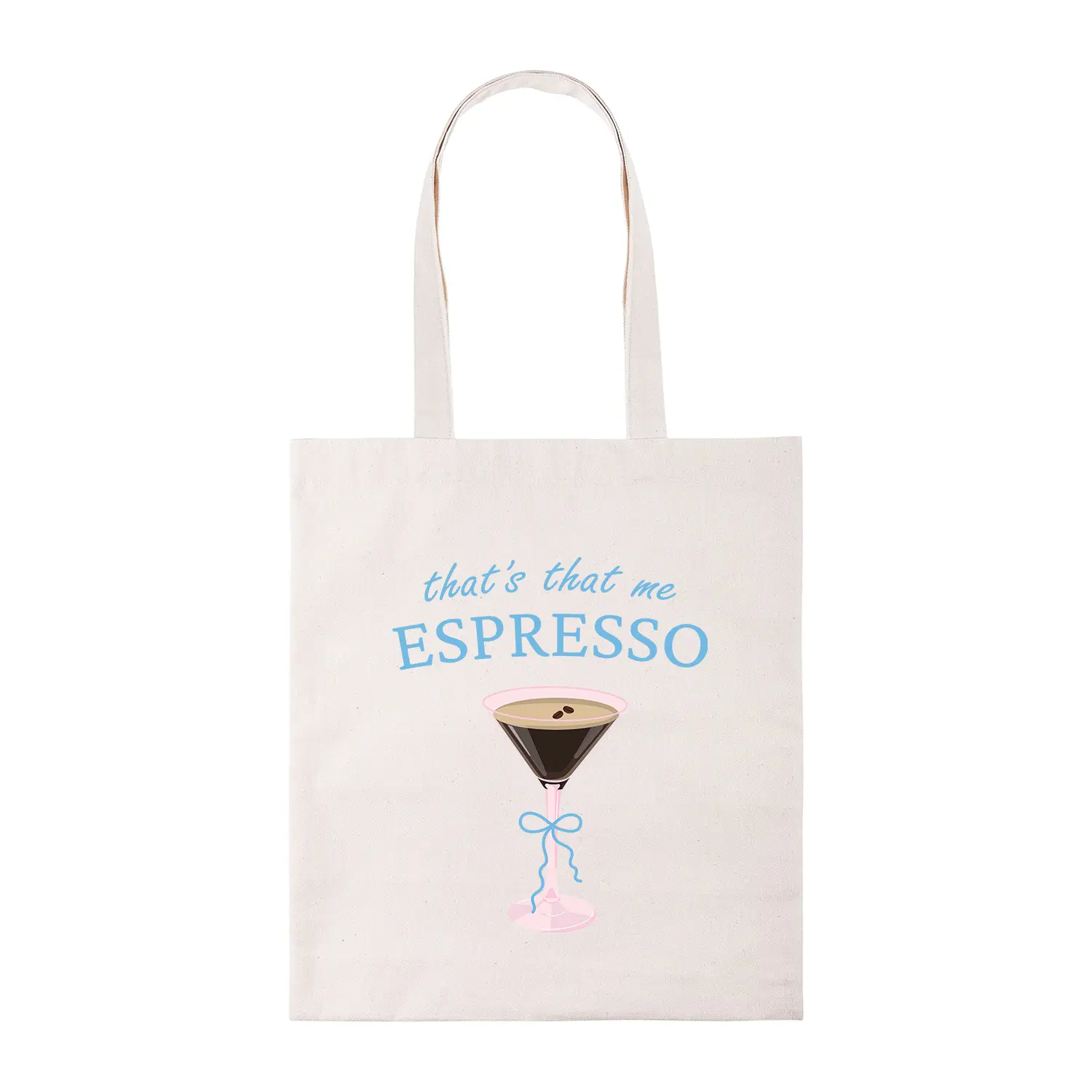 Espresso martini glass blue text, that's that me espresso tote bag, Sabrina carpenter, cute, fun, trend, espresso song, cute, songs, singer