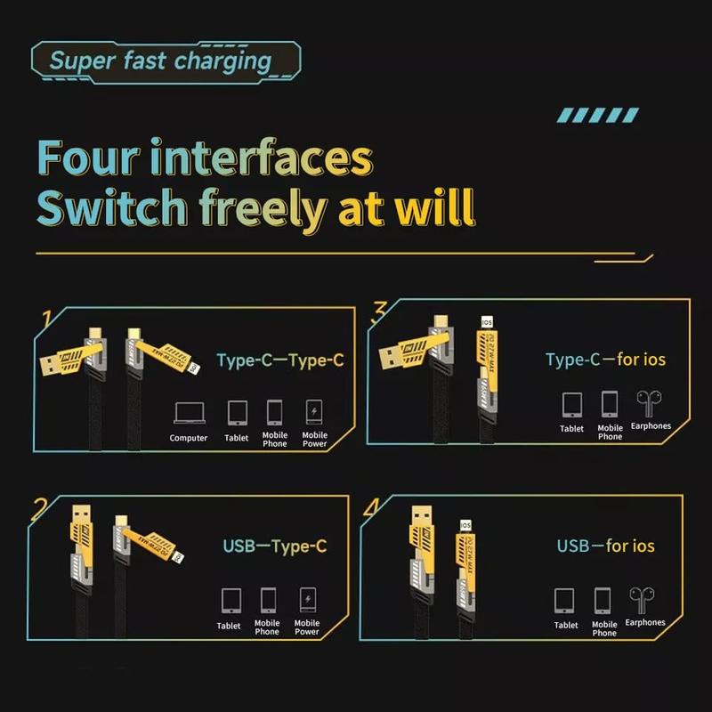 [ UK SELLER] Dual Head Type-c Data USB 4-in-1 PD 65W Fast Charging Cable Flash Charging Cable For iPhone15/14/13/12/11 Pro Max/XS MAX/XR/XS/X/8/iPad/Samsung Notebook Phone Charging Cable Smartphone Cellphone Mobile Electronic multi charger Alloy Android c 9