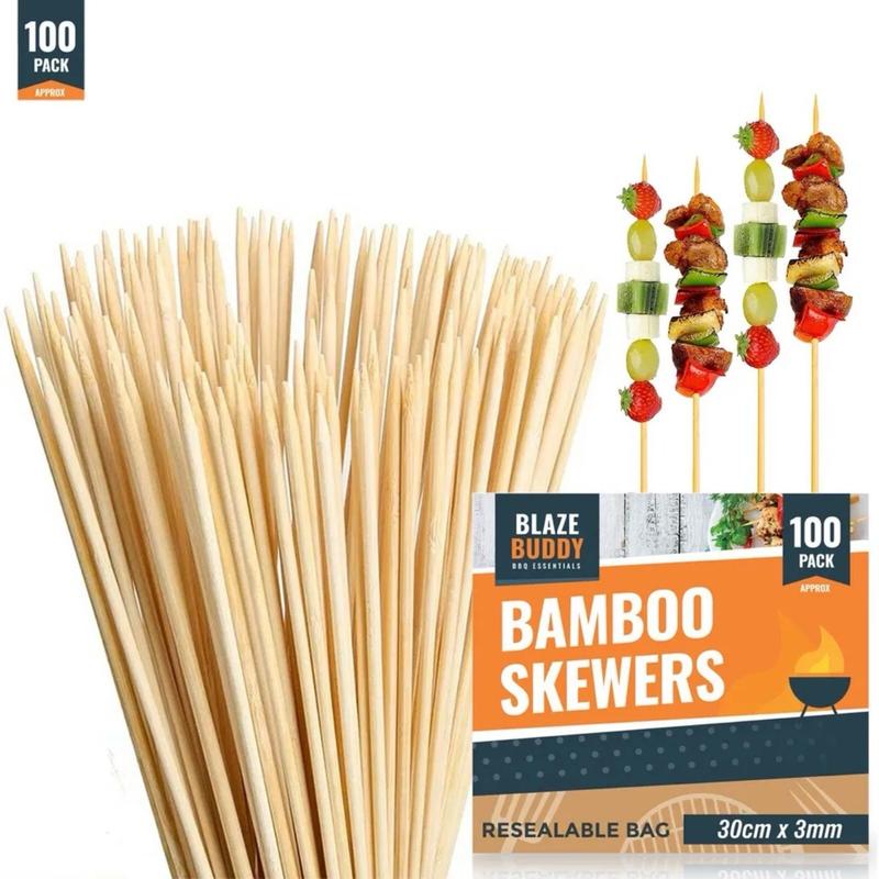 100 Bamboo Skewers BBQ 30cm 12" Kebab Fruit Chocolate Fondue Grill Wooden Stick Barbecue Utensils 0
