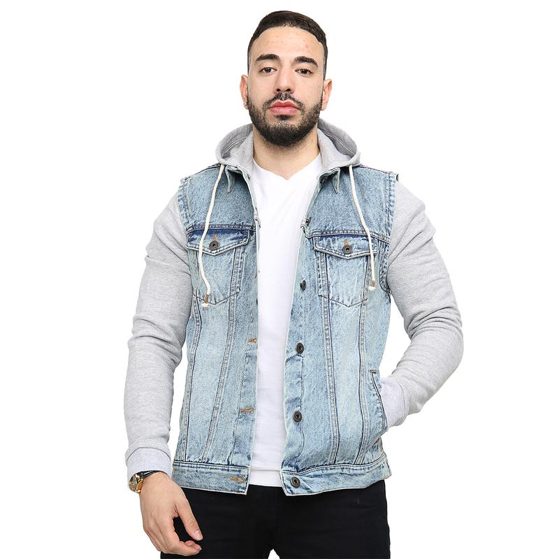 NOROZE Mens Trucker Denim Long Sleeves Jacket Detachable Hood Washed Denim Fleece Hoodie Classic Menswear Casual Western Style Jean Jackets Coat UK Sizes S-XXL 6