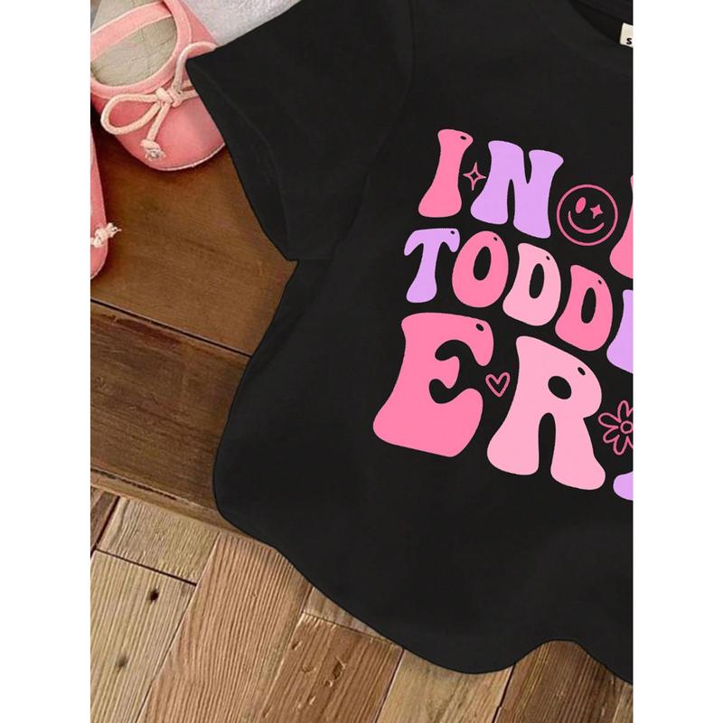 Baby Girl Casual Minimalist Letter Printed Short Sleeve Round Neck Top, Suitable For Summer 3