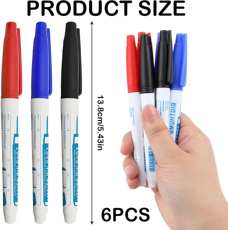 6PCS Long Head Deep Hole Marker Carpenters Pens, 30mm Extra Long Reach Pen Fine Tip Permanent Marker Pens Hole Marker Tool for Permanent Marking of Hard to Reach Areas (Black Blue Red) 1