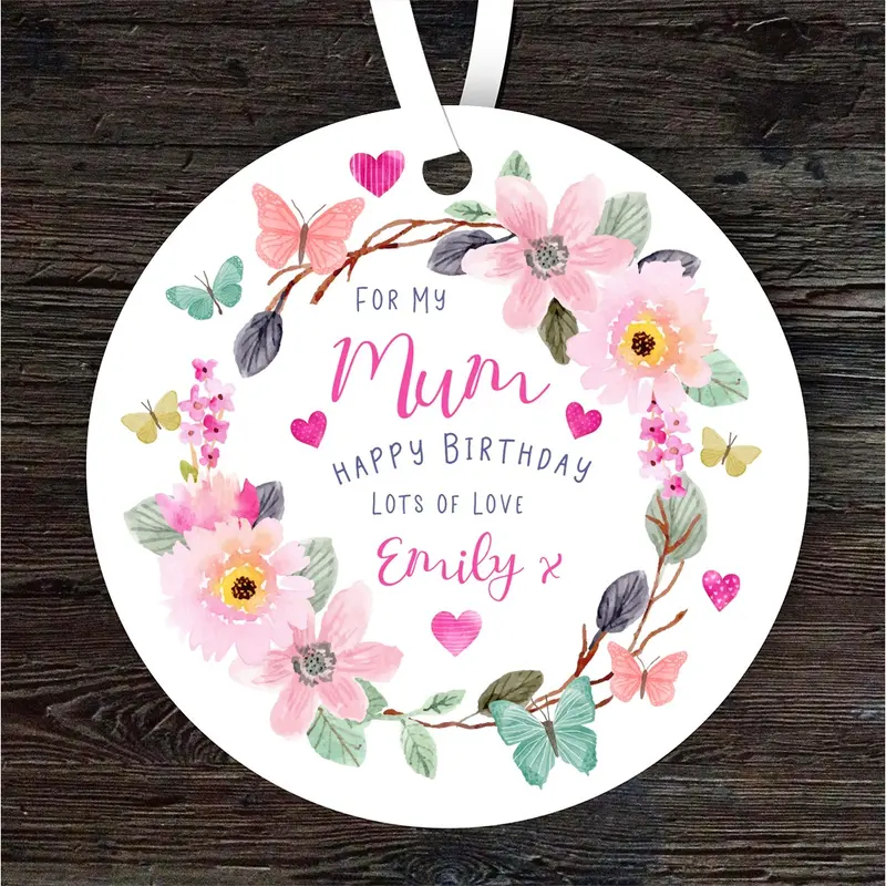 Mum Happy Birthday Gift Flower Butterfly Round Personalised Hanging Ornament - Custom Cute Gift, Trinket, Keepsake, Small Gift, Décor 0
