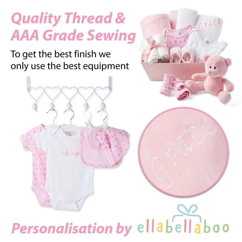 Baby Box Shop Personalised Baby Gift Set - 12 Baby Girl Essentials with 3 Personalised Baby Girl Gifts - Baby Girl Gifts, Newborn Baby Girl Hamper Basket Gifts with Personalised Baby Blankets, Pink 4