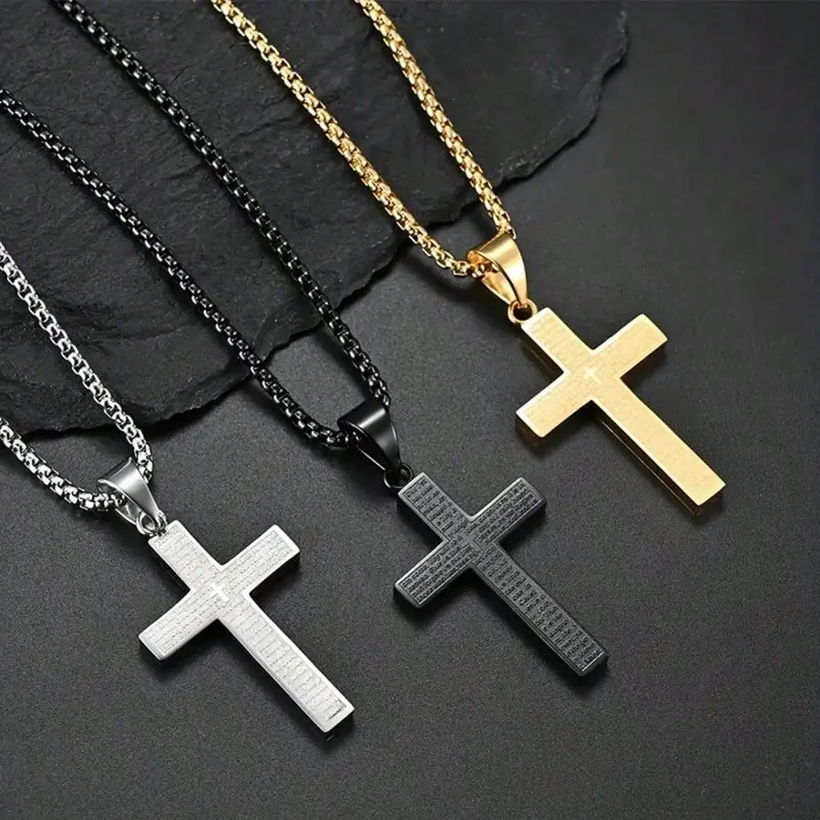 1pc Men Jewelry Titanium Steel Carved Cross Pendant Necklace, Unisex Stainless Steel Cross Necklace