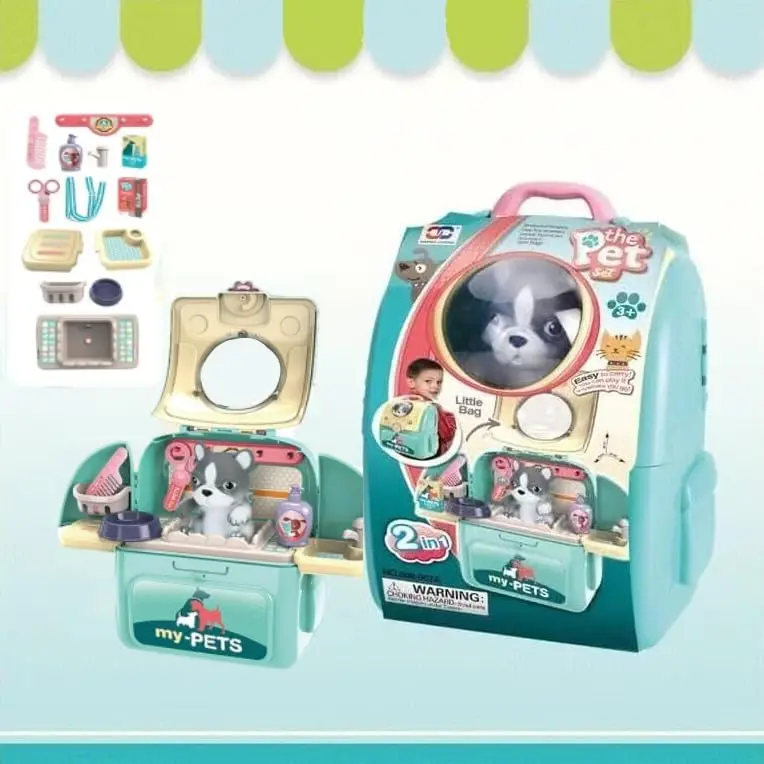 My Pet Care Play Set with Backpack, Pet Playset Grooming & Feed & Play Pet Treat Kit Preschool Toy Educational Gifts, 2 in 1 Pre-Kindergarten Toys for Girls Boys Blue (Dog) 1