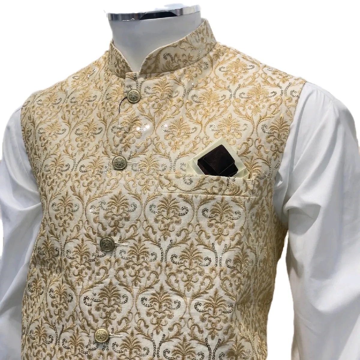white with gold  men and kids  waistcoat with sequences and embroidery
