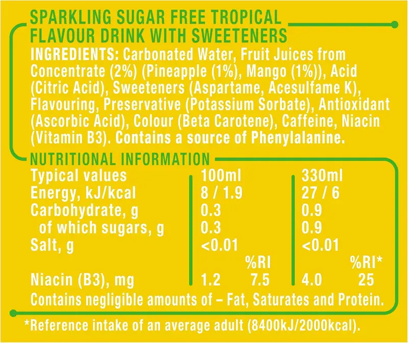 Zero Tropical Flavor Fizzy Drink, Sugar Free, Low Calorie, 6 Pack, 330ml Cans - Beverage Vitamin 2