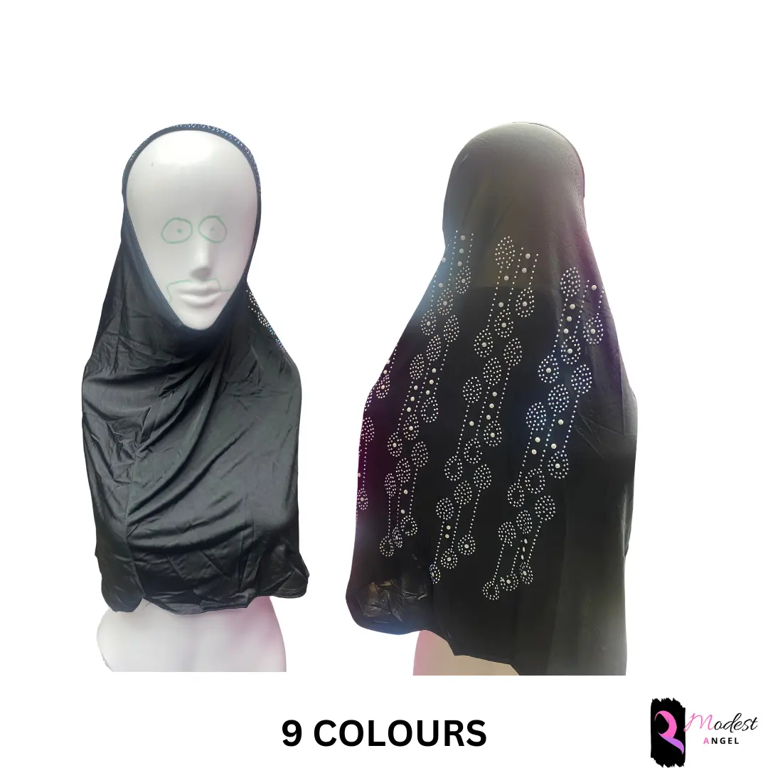 children's hijab with gem stonework- ONE SIZE - 9 colours navy mauve black white maroonbrown grey modest islamic hijab umrah hajj fashionwear islam muslim religious elegant elegant modern childrenswear stylish easy to wear one size