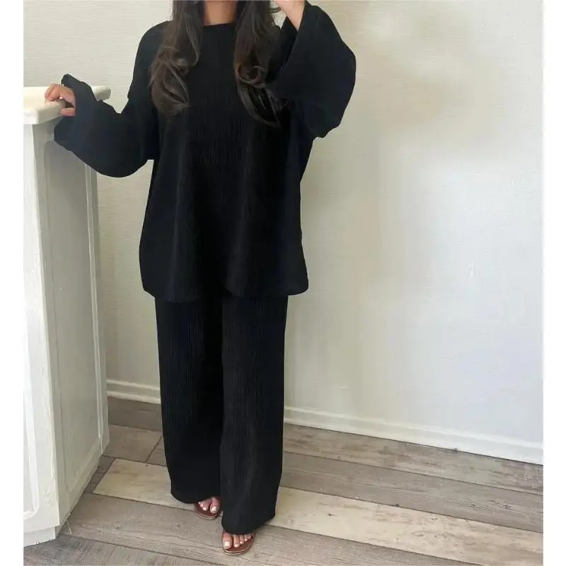 Autumn Winter Solid Color Corduroy Pants Sets Women Loose Long Sleeve Wide Legs Trousers Two Piece Set Female Commuting Clothing Womenswear Overalls Suits Underwear Gamis Comfort 7