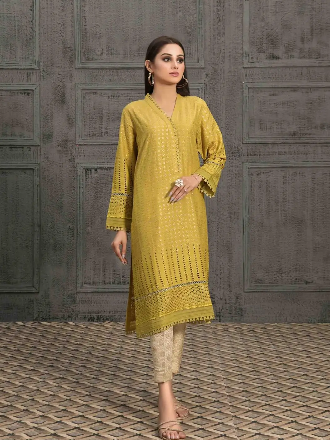 Tawakkal Ready-Made Long Sleeve Gorgeous Kurti - Womenswear Elegance Embroidery with Gold Past printed Comfortable Linen Fabric Top women Shirt