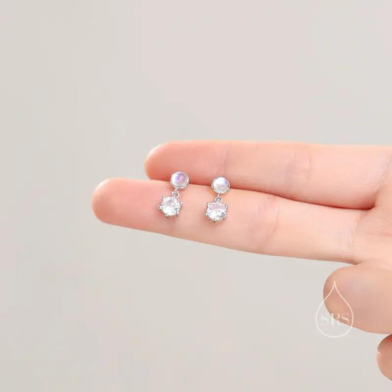 Moonstone and CZ Dangle Stud Earrings in Sterling Silver, Round Moonstone and CZ, Silver or Gold, Two CZ Prong Set Earrings 1