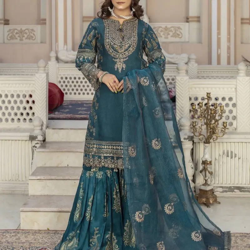 Beautiful Party Wear Embroidered & Digital Print 3pc Suit With Gharara & organza  Dupatta Womenswear 3