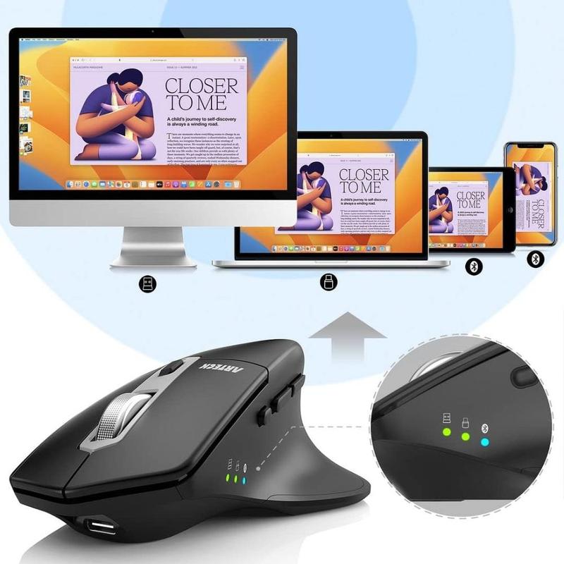 Multi-Device Wireless Bluetooth Mouse with Nano USB-A, USB-C Receiver Ergonomic Right Hand Silent Clicking Rechargeable Mouse for Computer Desktop PC Laptop Mac iPad and Windows 11/10 iPad OS 6