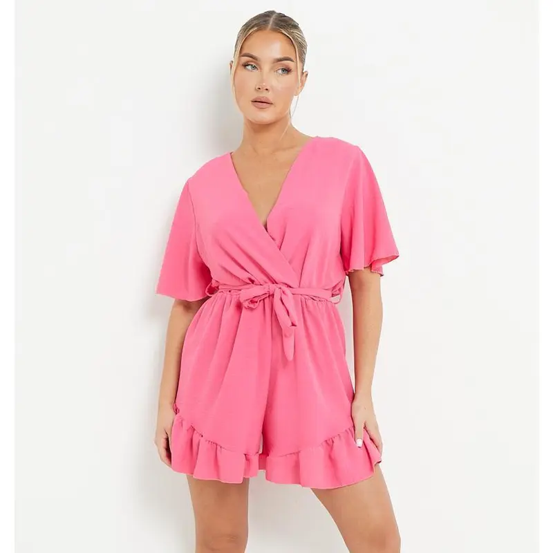 Women's Solid Color V Neck Wrap Ruffle Hem playsuit 3