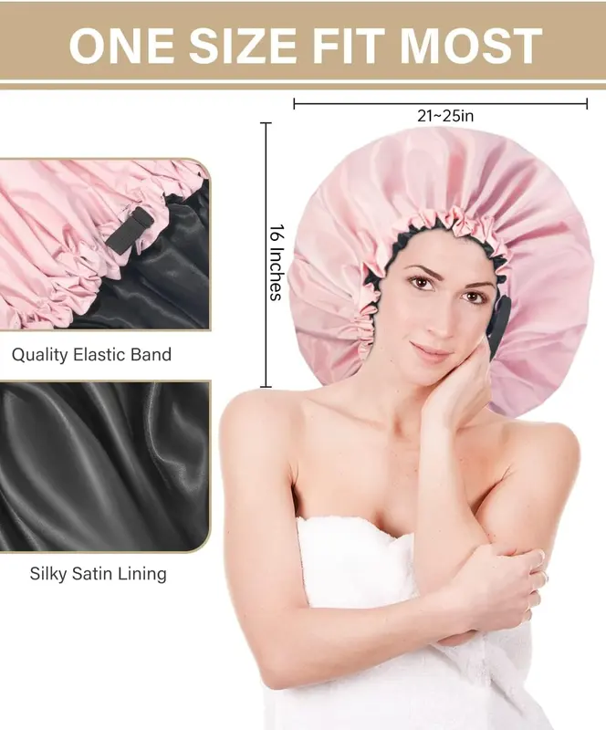 Shower Cap,Extra Adjustable Shower Caps for Women Double-Layer Waterproof Reusable Hair Cap, Large Size Hair Cap for All Hair,for Girls Spa Bath,Soft and Comfortable (Pink) 2