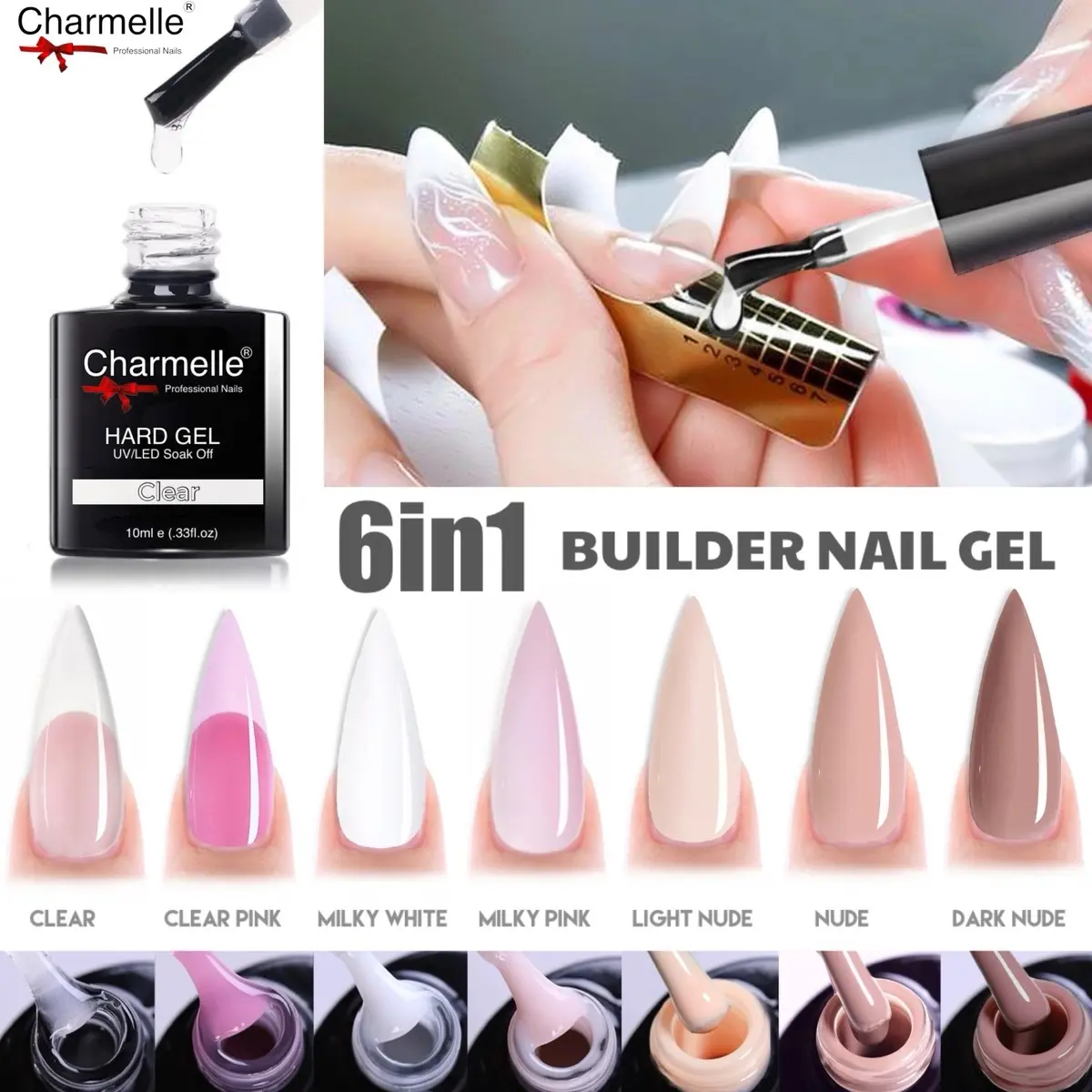 Liquid Hard Builder Nail Gel UV LED Soak Off Clear Cover CHARMELLE Nails Building Gel in a Bottle Extension Sculpture High Gloss Long-lasting UK 10ml Nail Art Nail Care Manicure Nail Polish