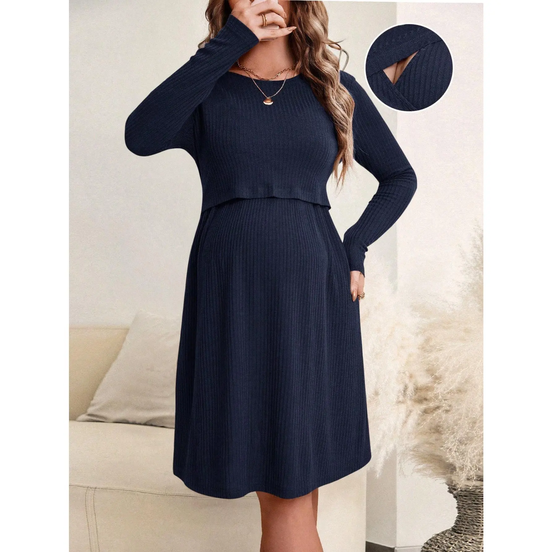 Maternity Ribbed Long Sleeved Nursing Function Dress