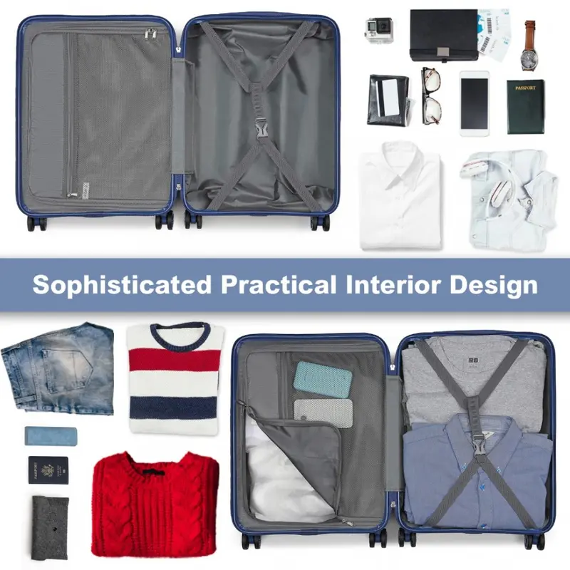 [MissLulu Bags] Box Design Expandable 20''/24''/28'' Sleek Striped ABS+PC Suitcase With TSA Lock And Four Spinner Wheels - Navy Blue 6