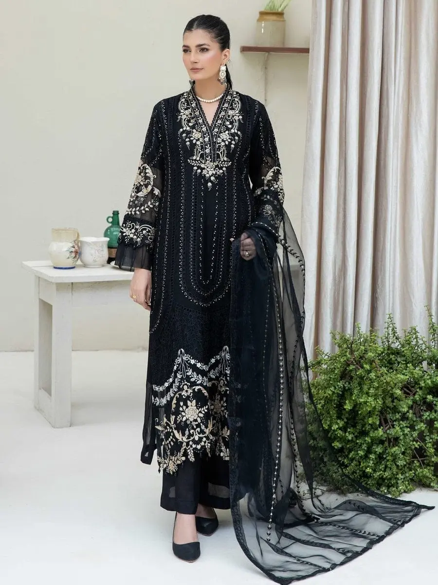 |PD-1004| - Glamorous Black Chiffon Ensemble with Sequin and Cutwork Detailing From Pehnawa By Poshak Designer Comfort Dress Fit Formal