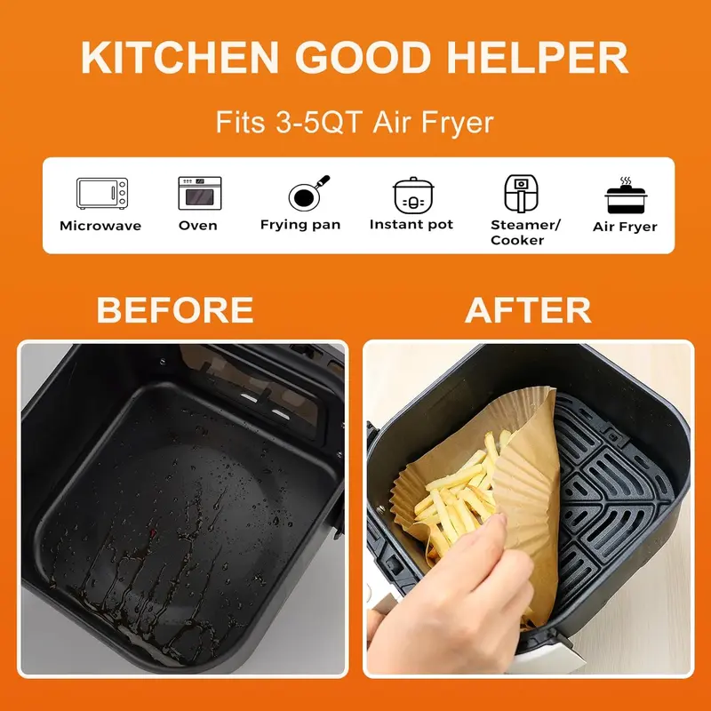 Air Fryer Liners Square 6.3 inch (16 cm) Multipurpose Grease, Water and Oil-Proof Non-Stick Disposable Paper Liners for Air Fryer Microwave Oven Steamer 5