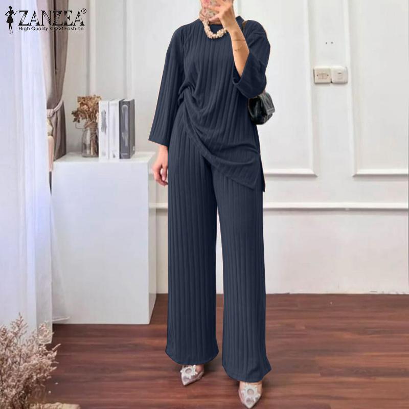 Product Introduction of Long Sleeve Blouse Wide Leg Pants Sets ZANZEA Women Matching Sets Solid Islamic Clothing Muslim Tracksuit Outifits 2PCS 10