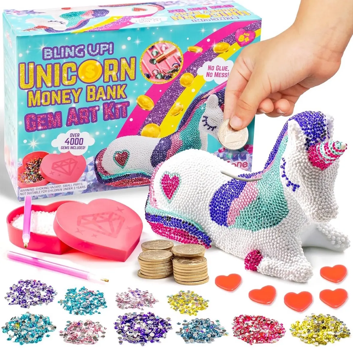 Bling Up Unicorn Piggy Bank Gem Art Kit, Make Diamond Art for Kids with Girls Crafts Gems and 2 Stylus for Kids Diamond Art and Unicorn Crafts for Girls, DIY Money Bank