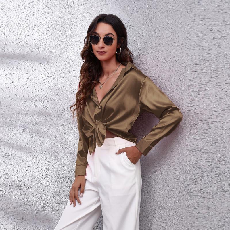 Product Introduction of Women's Satin Satin Imitation Silk Long Sleeved Shirt Elegant V-neck Retro Style Multicolor Shirt Top-Looki Ngi 13